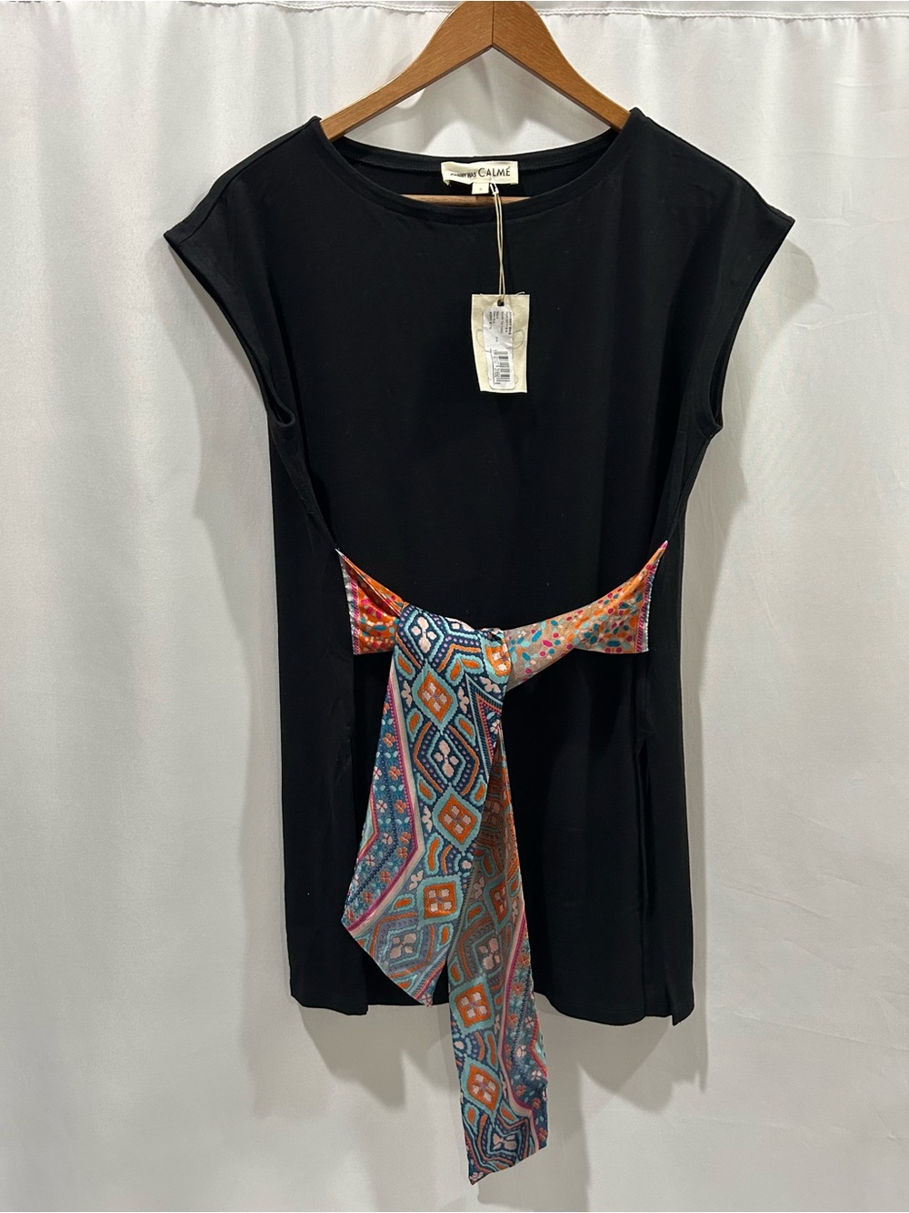 Johnny Was Black Tunic with Silk Multicolor Printed Tie Waist